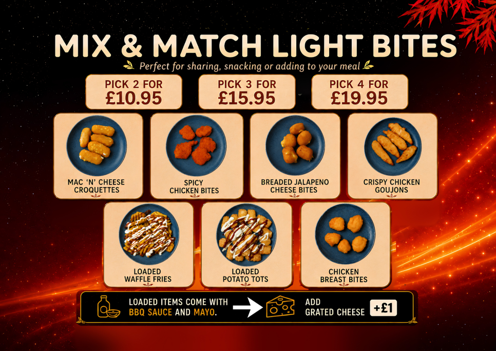 Mix and match light bites menu with sharing snacks and portion prices.