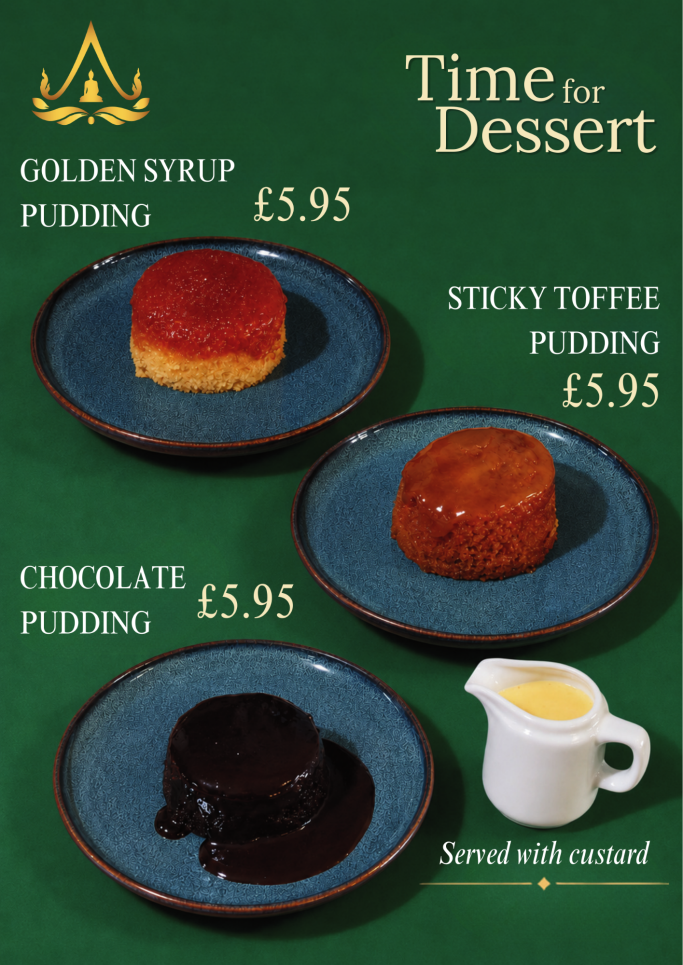 Baan Thai Café hot desserts menu featuring golden syrup sponge, sticky toffee pudding and chocolate pudding served with custard