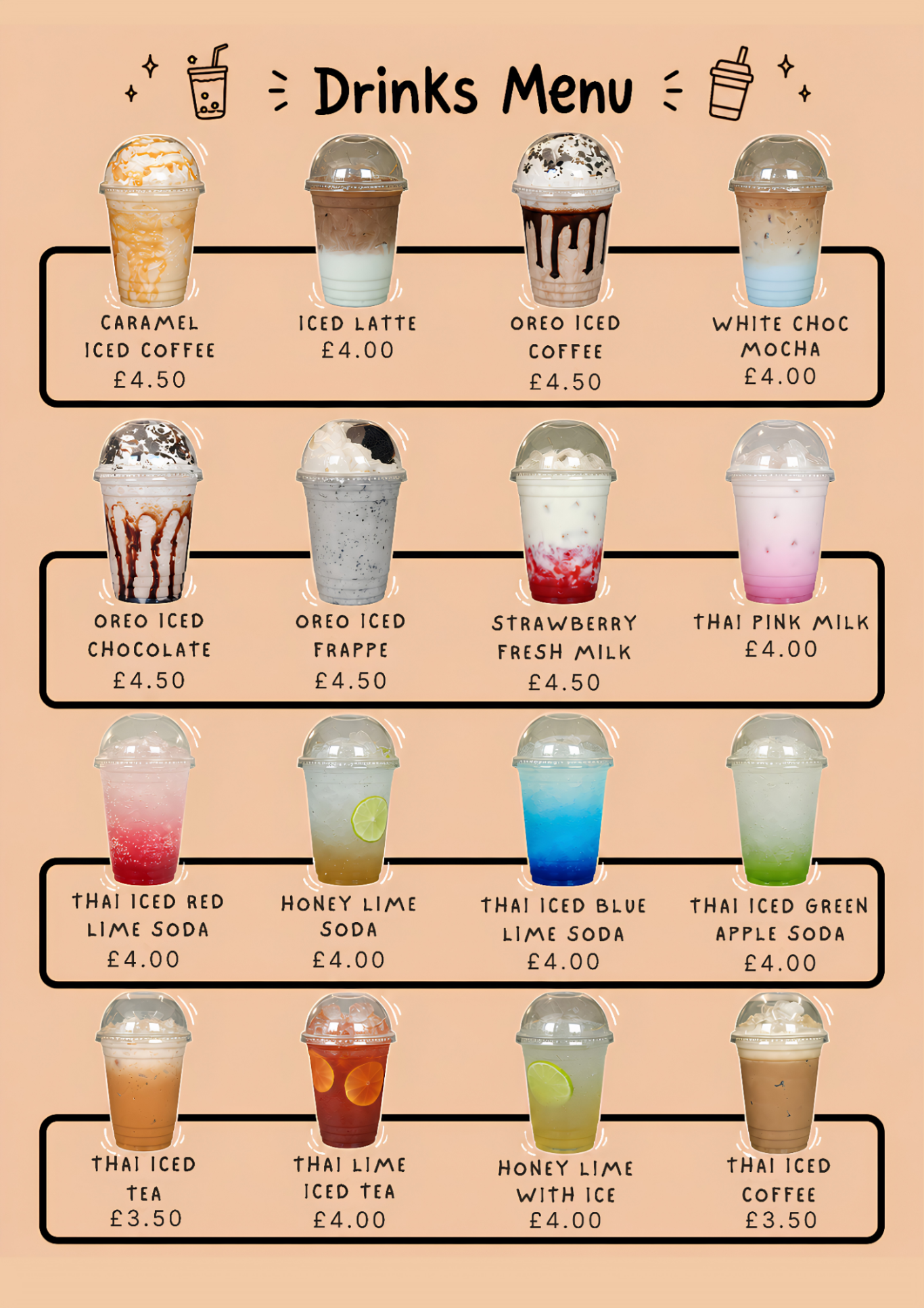 Baan Thai Café iced drinks menu with iced coffees, frappes, fresh milk drinks, Thai fruit sodas and iced teas with prices