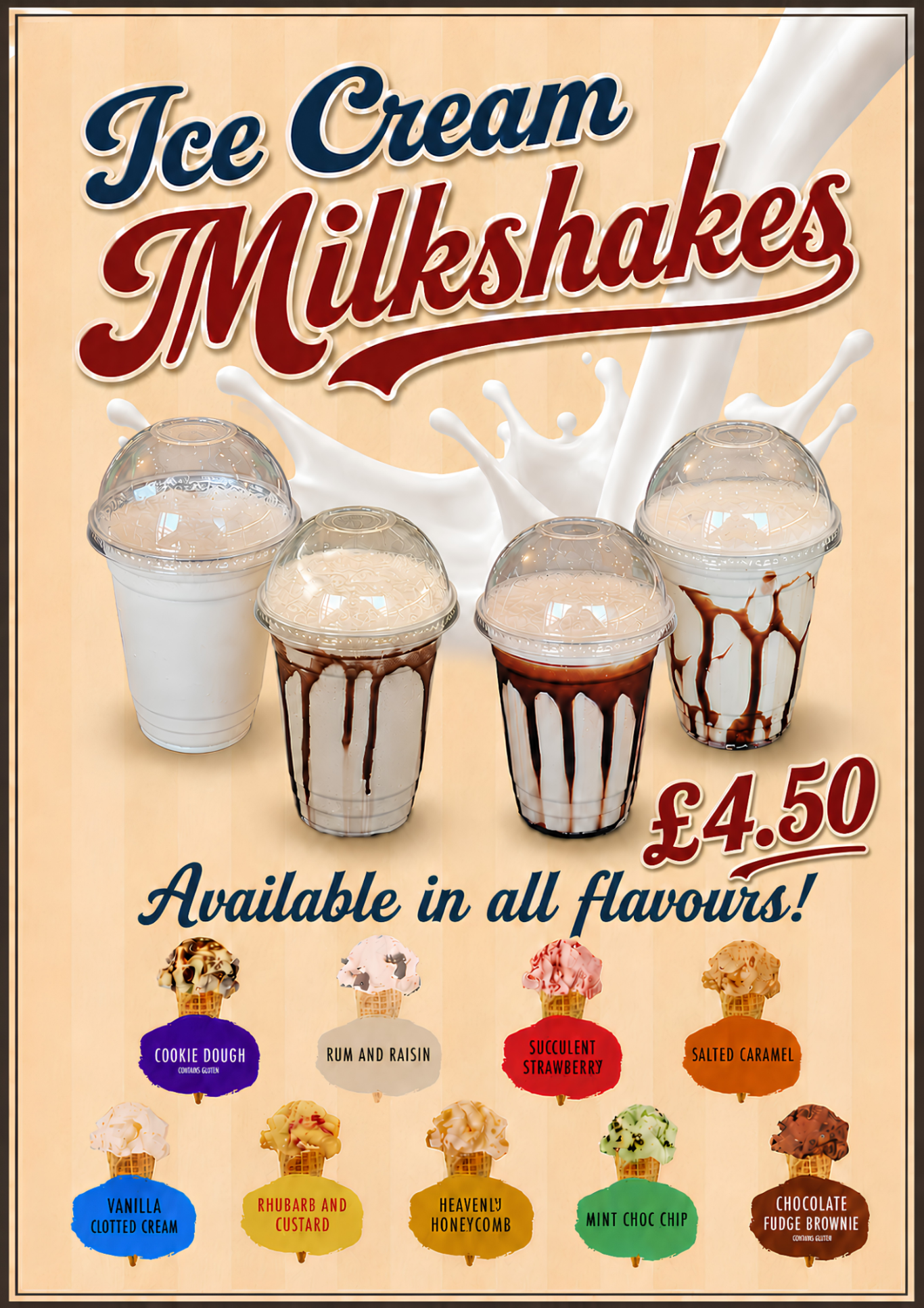Baan Thai Café ice cream milkshakes menu showing available flavours for £4.50