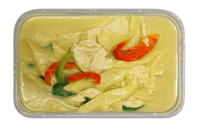 Thai green curry in a takeaway container