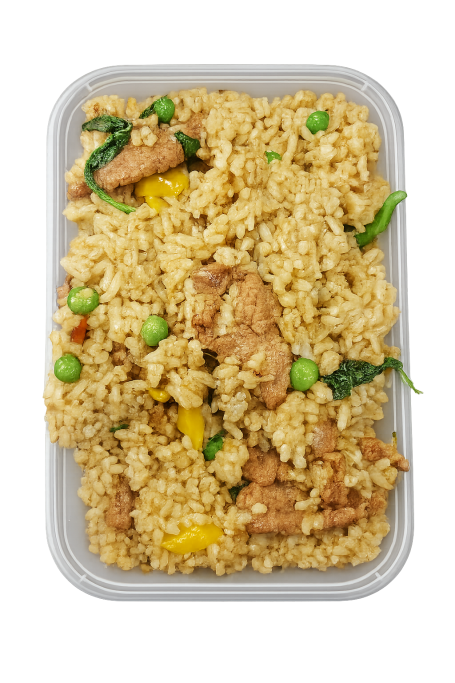Green curry fried rice in a takeaway container