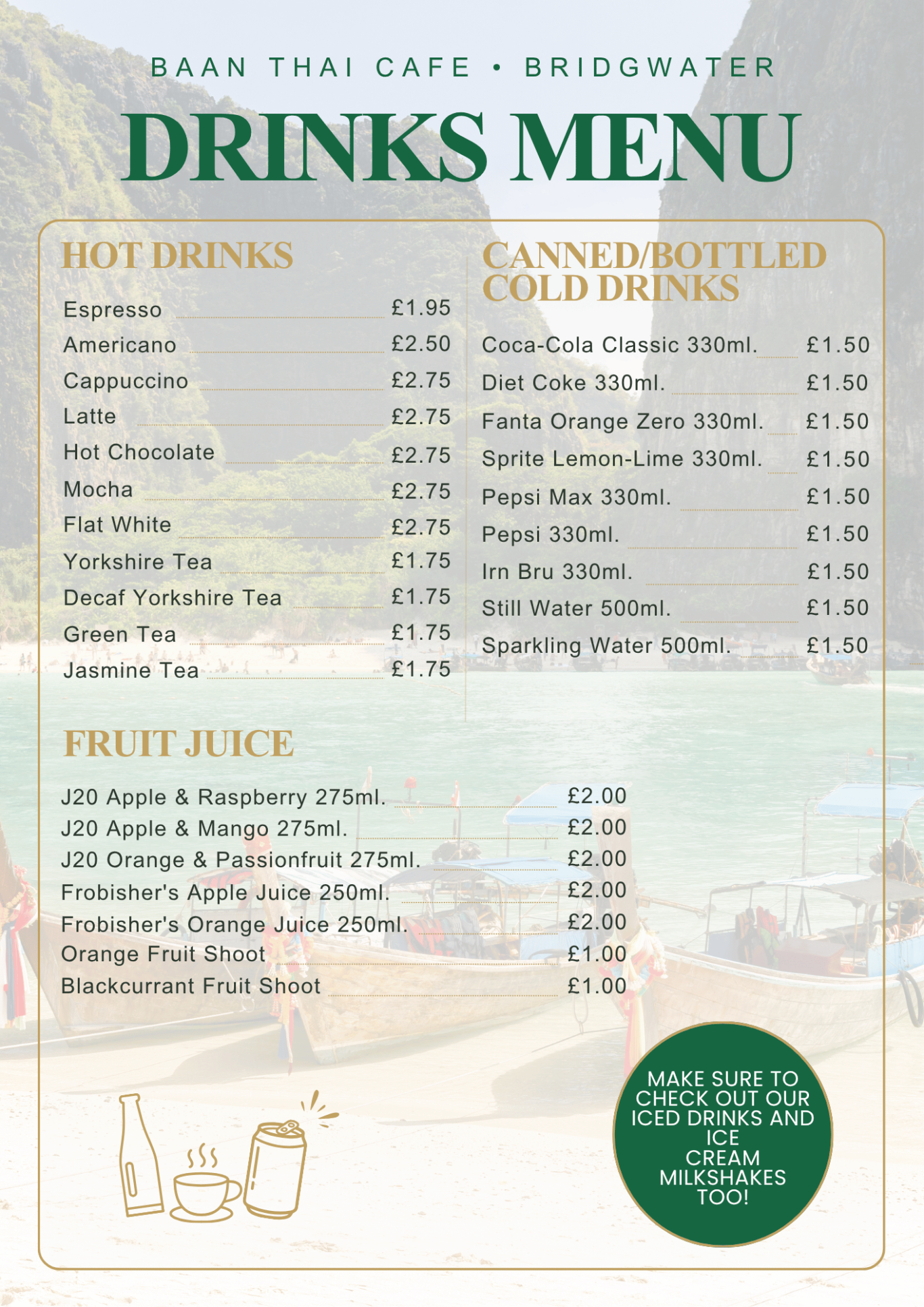 Baan Thai Café drinks menu listing hot drinks, canned and bottled cold drinks, fruit juices and prices