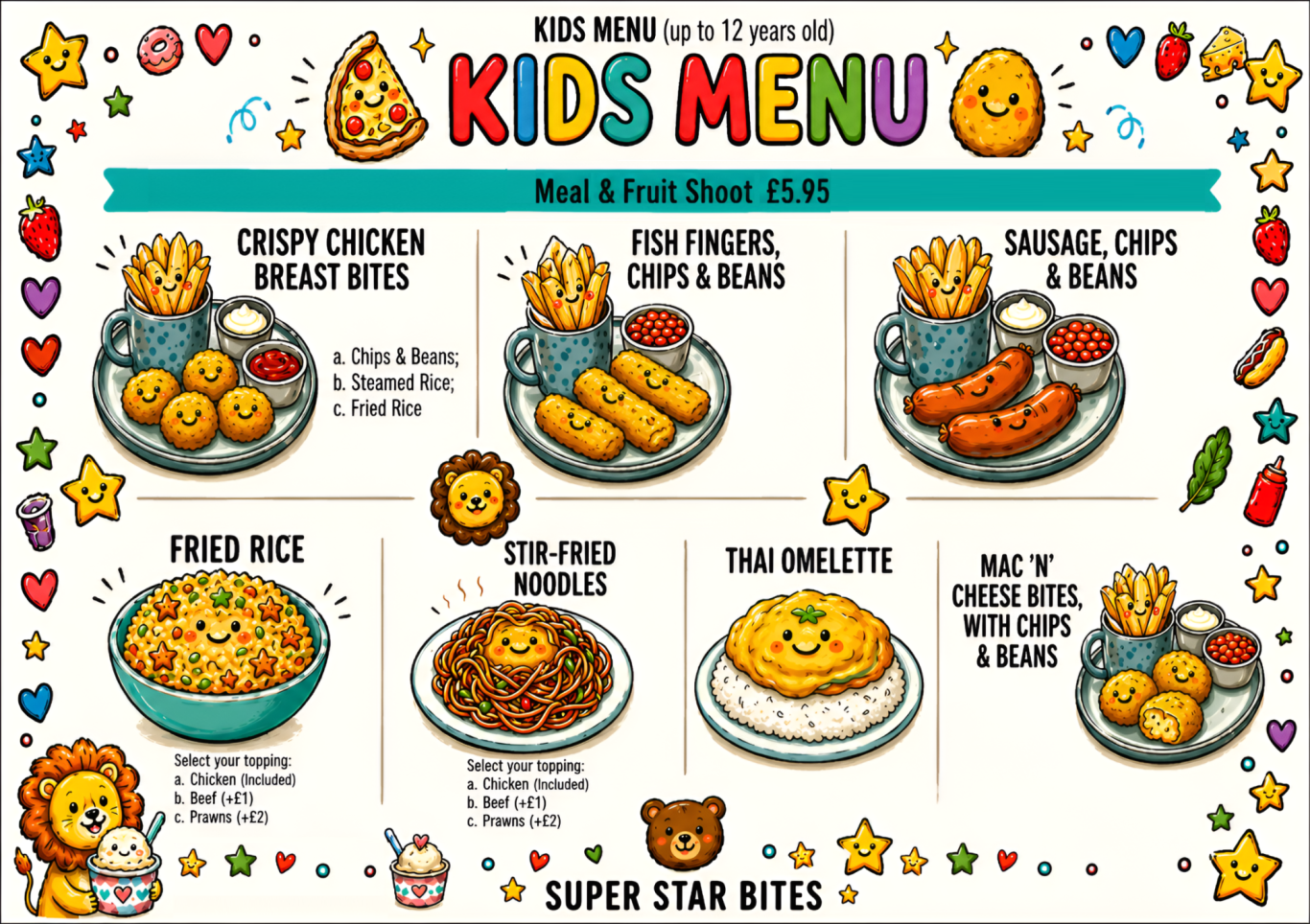 Baan Thai kids menu for children aged 12 and under, with Thai and English meal choices and a Fruit Shoot for £5.95