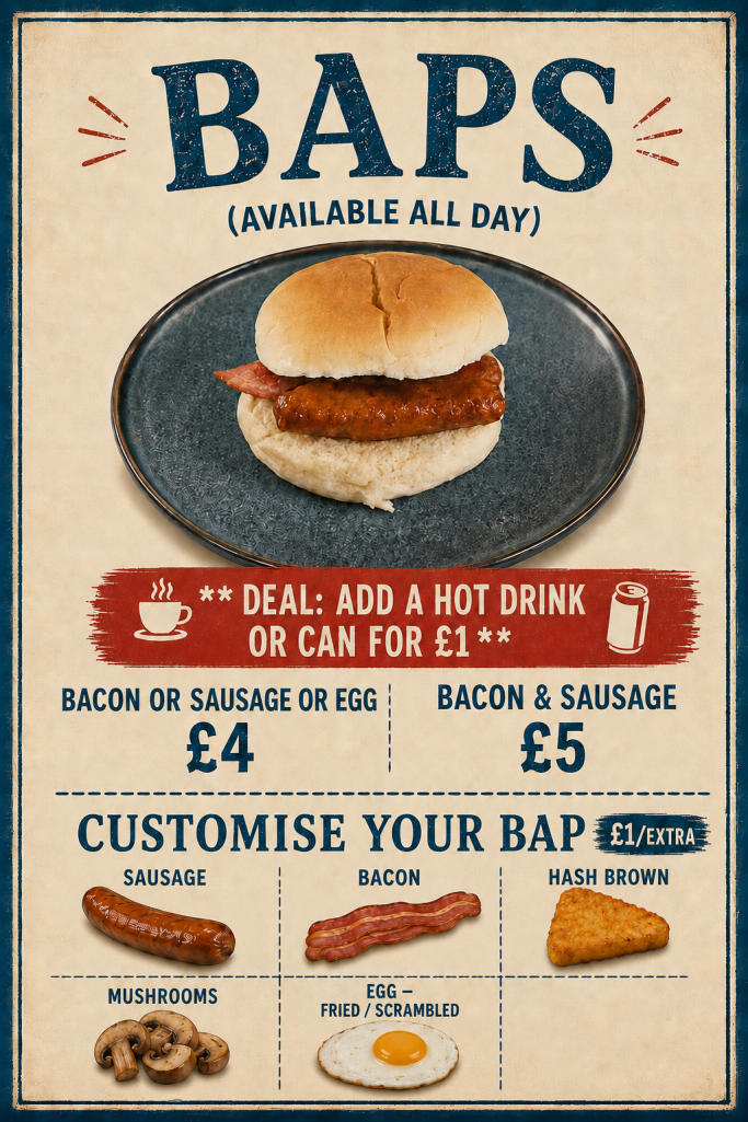 All-day breakfast baps menu with bacon, sausage and egg options.