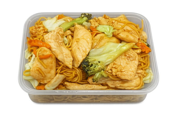Chicken stir-fried noodles in a takeaway container