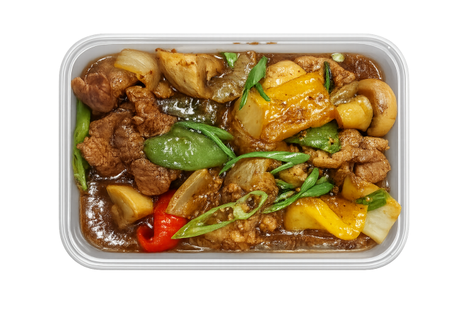 Black pepper stir-fry in a takeaway container