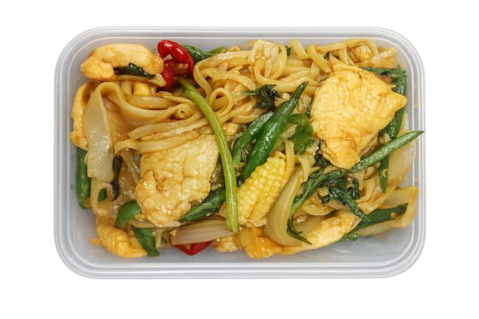 Pad Kee Mao drunken noodles in a takeaway container