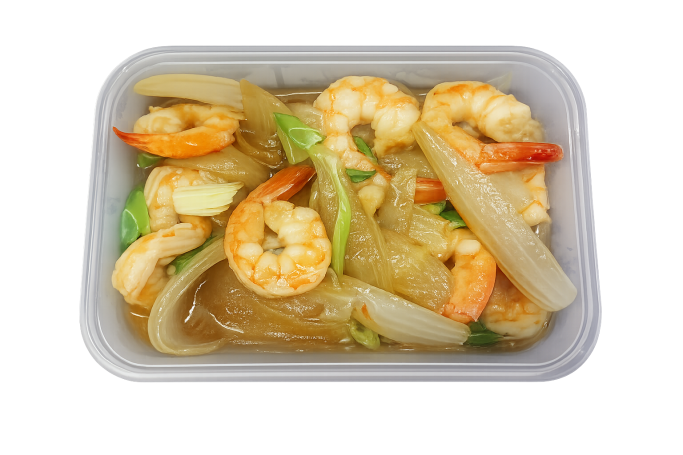 Prawns and onions in oyster sauce in a takeaway container