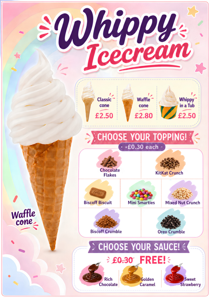 Whippy ice cream menu with cones, tubs and topping choices